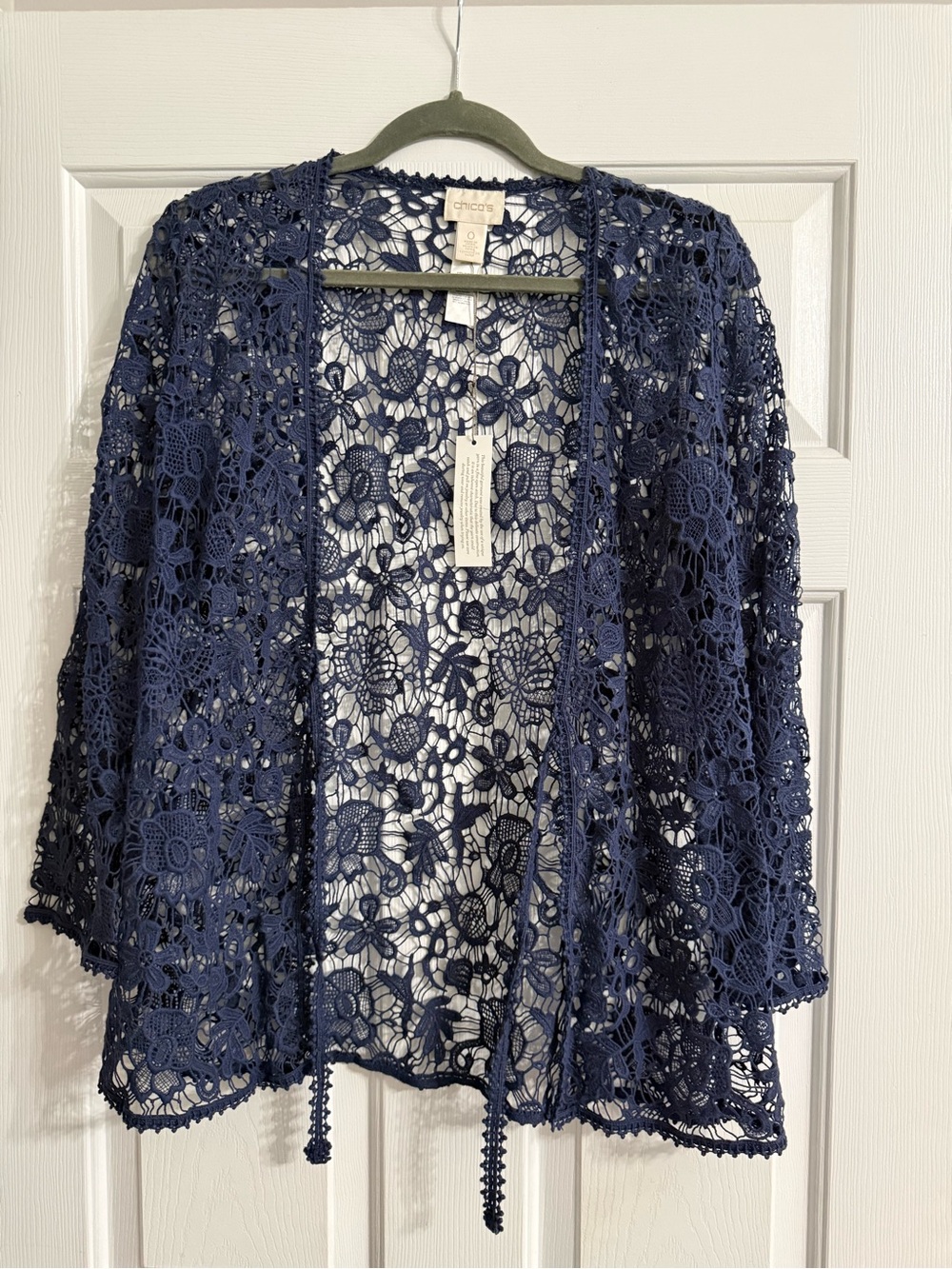 Chico's Navy Crochet Floral Openwork Cardigan size 0 NWT